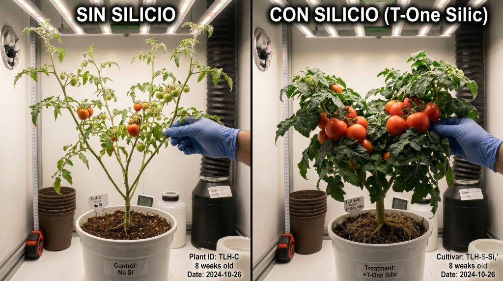 Comparativa crecimiento con y sin fertilizante con silicio